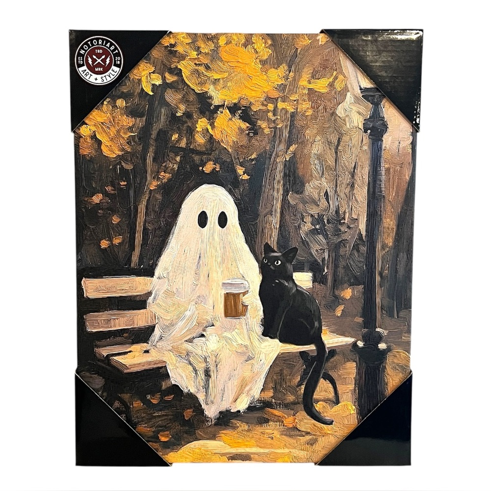 Halloween Ghost Black Cat Park Starbucks Coffee Fall Fun Canvas Wrapped Art NWT